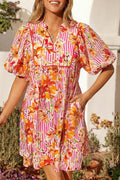 Pink Striped Floral Print Tie Neck Puff Sleeve Loose Mini Dress