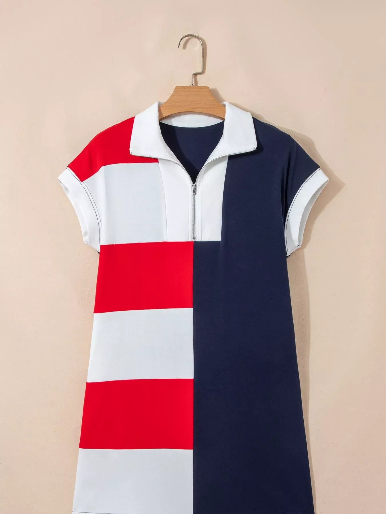 Colorblock Stripes Zip up Collared T Shirt Mini Dress