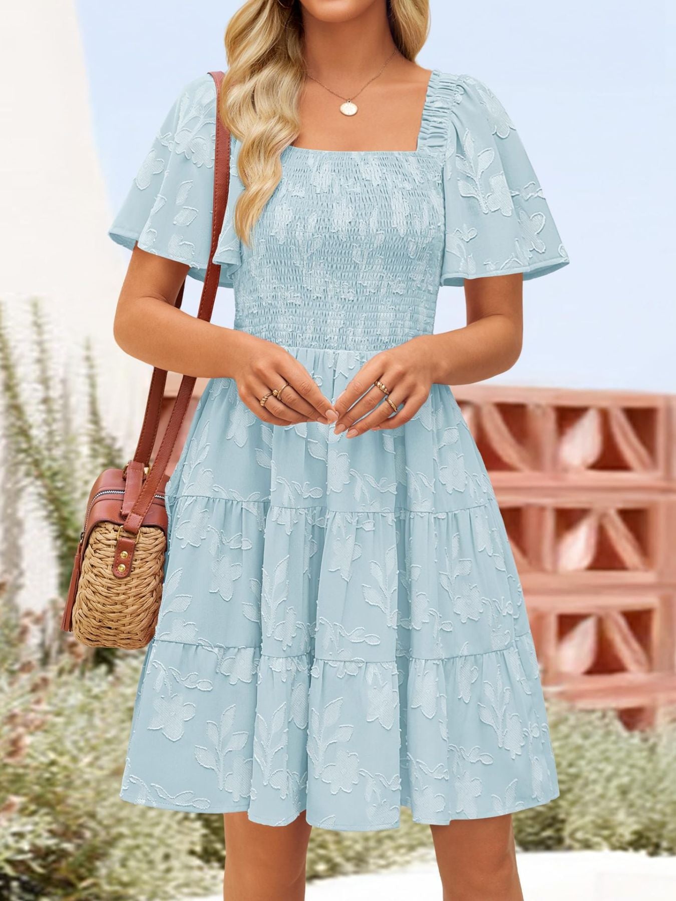 Tiered Square Neck Short Sleeve Dress