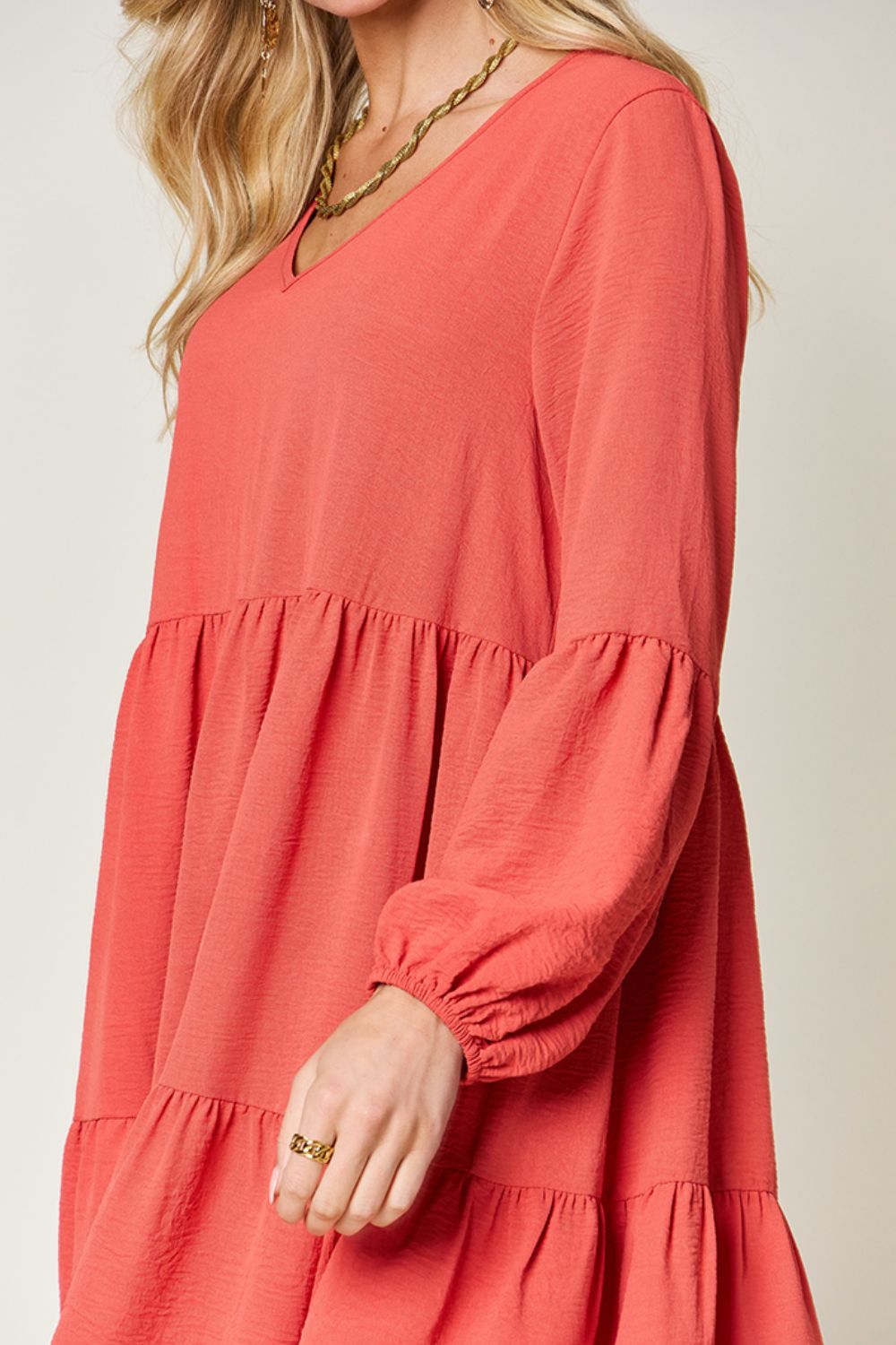 Full Size V-Neck Balloon Sleeve Tiered Dress