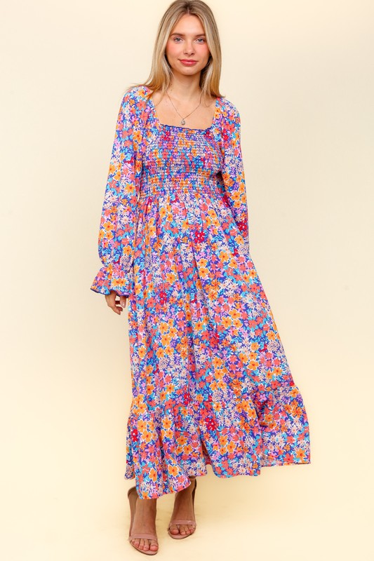 Smocked Floral Square Neck Flounce Sleeve Dress