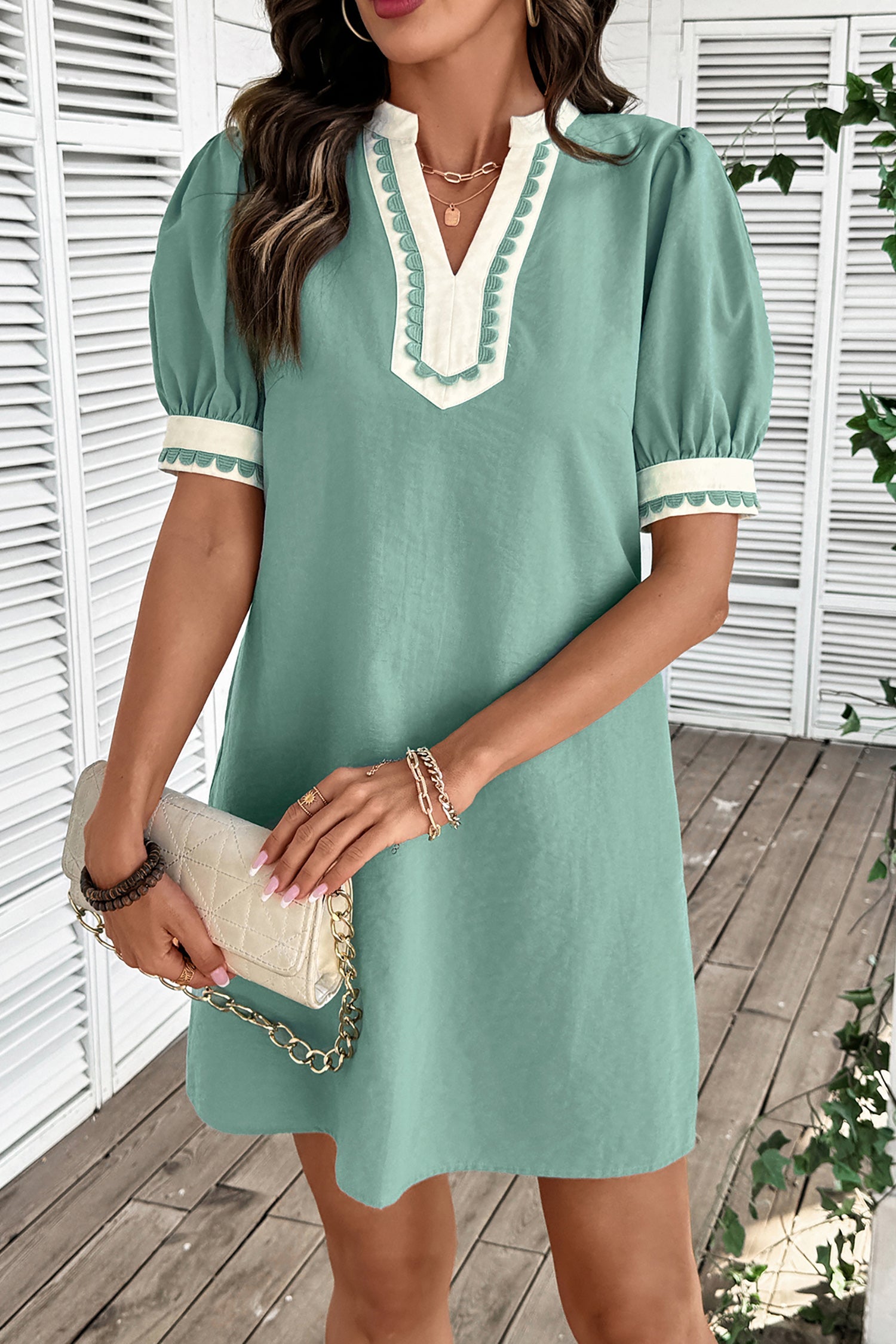 Light Pink Scallop Color Block Trim Puff Sleeve Mini Dress