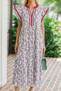 Red Cute Sunflower Printed Striped Patchwork Trim Flutter Sleeve Long Dress