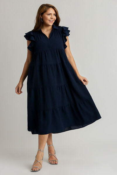 Full Size Johnny Collar Ruffle Cap Sleeve Tiered Dress Plus Size