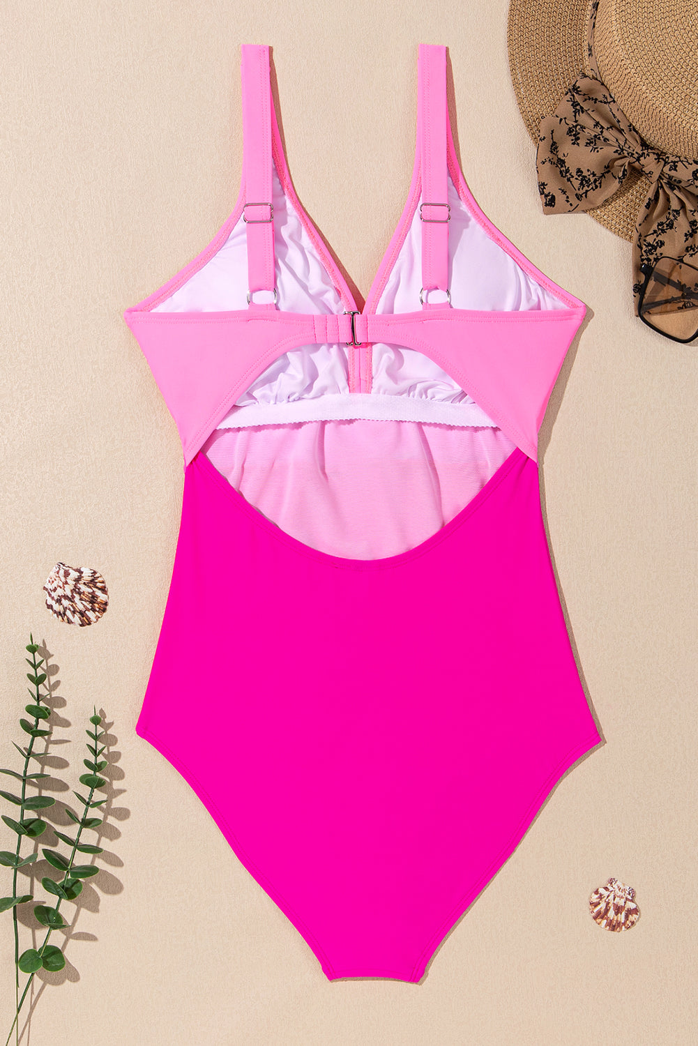 V Neck Twisted Cutout Color Block One Piece Swimsuit