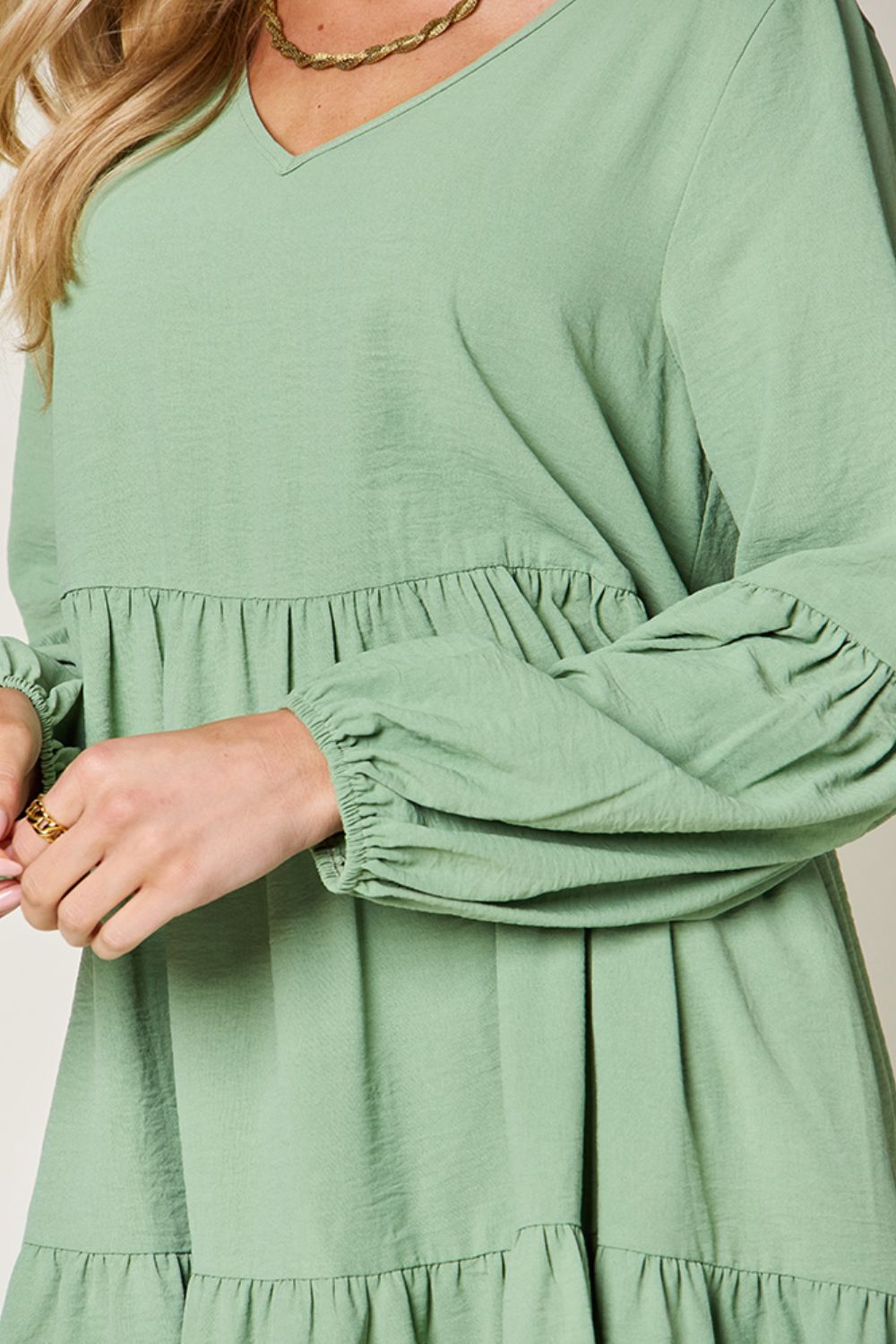 Full Size V-Neck Balloon Sleeve Tiered Dress
