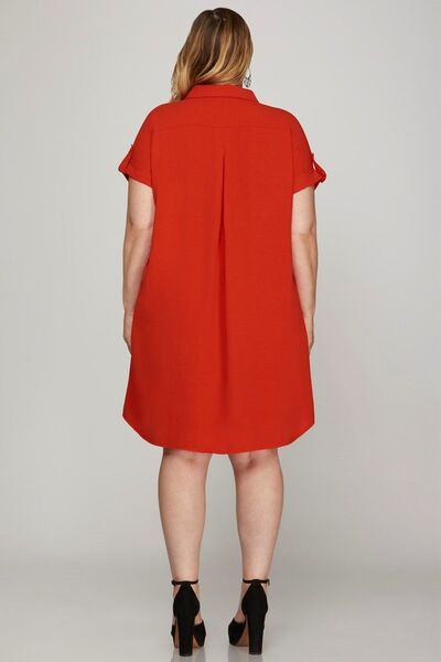 Full Size Button Down Short Sleeve Woven Shirt Dress Plus Size