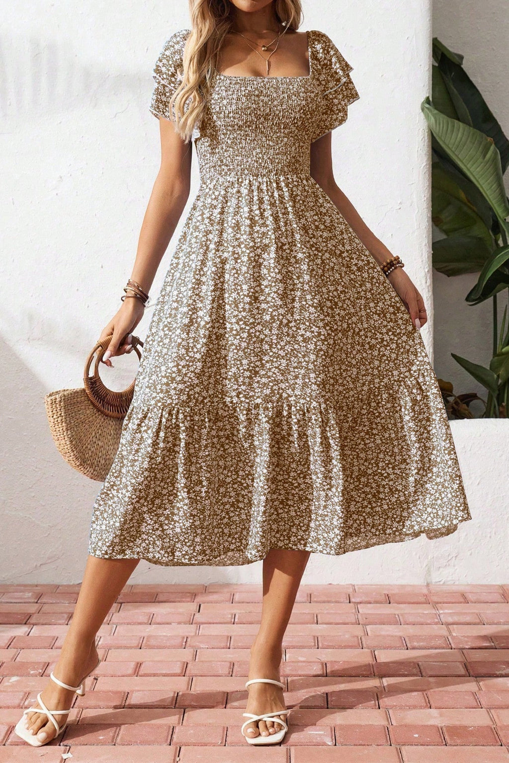Ditsy Floral Smocked Square Neck Dress