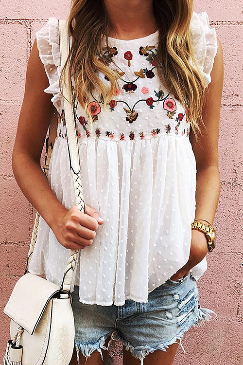 Floral Embroidered Swiss Dot Top