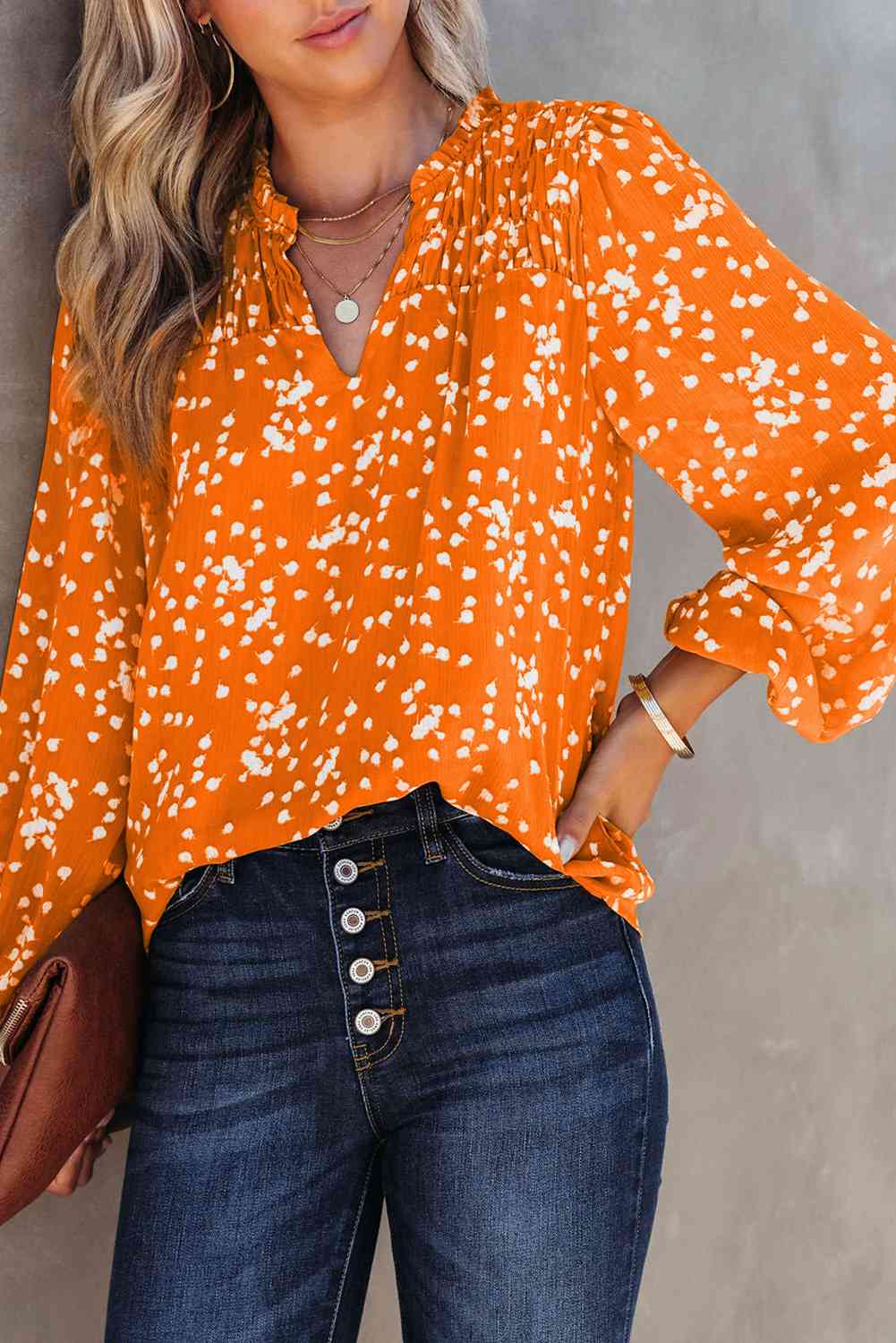 Printed Notched Neck Smocked Blouse