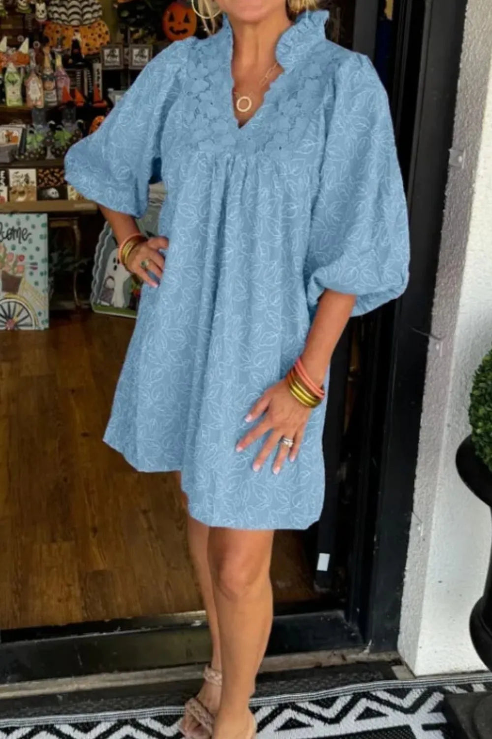Lace Detail Notched Half Sleeve Mini Dress