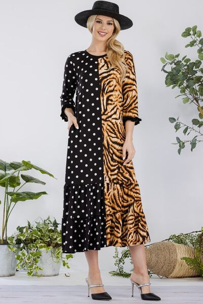 Full Size Polka Dot & Leopard Round Neck Midi Dress Plus Size