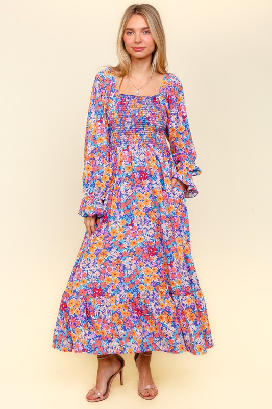 Smocked Floral Square Neck Flounce Sleeve Dress