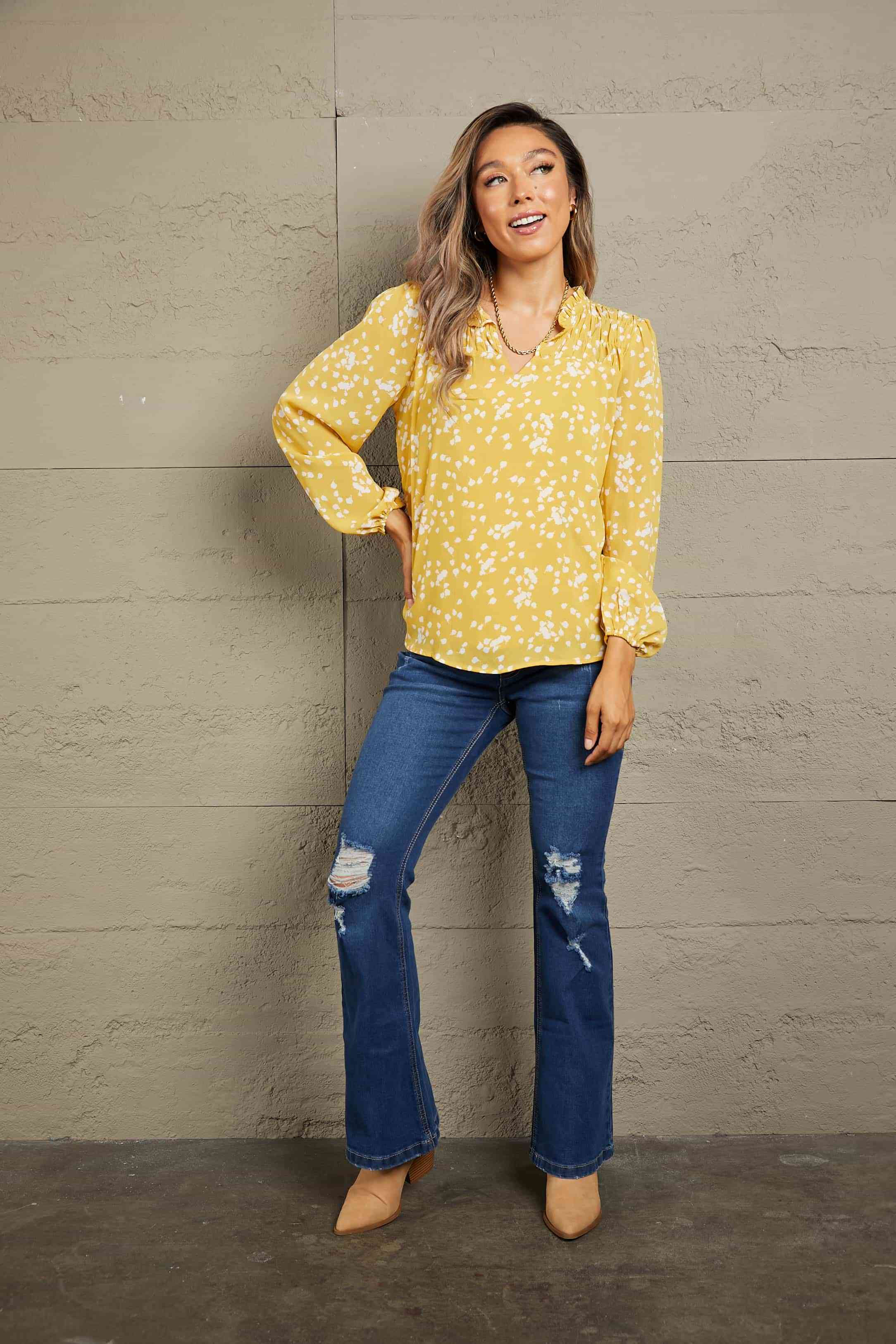 Printed Notched Neck Smocked Blouse