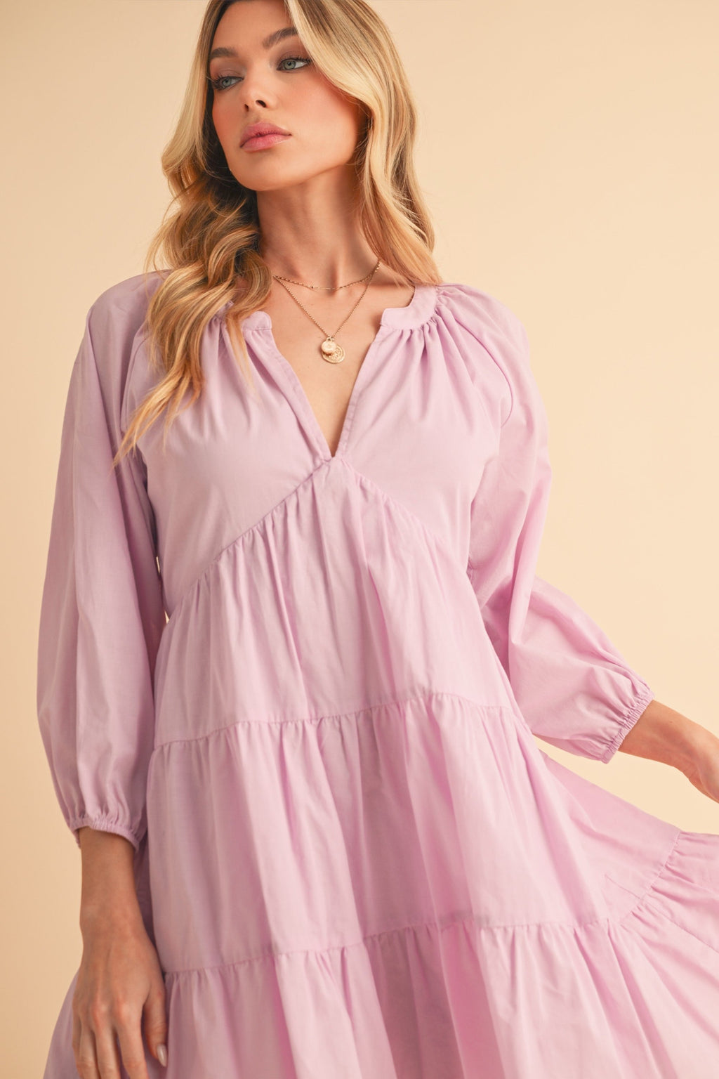 Notched Balloon Sleeve Tiered Mini Dress