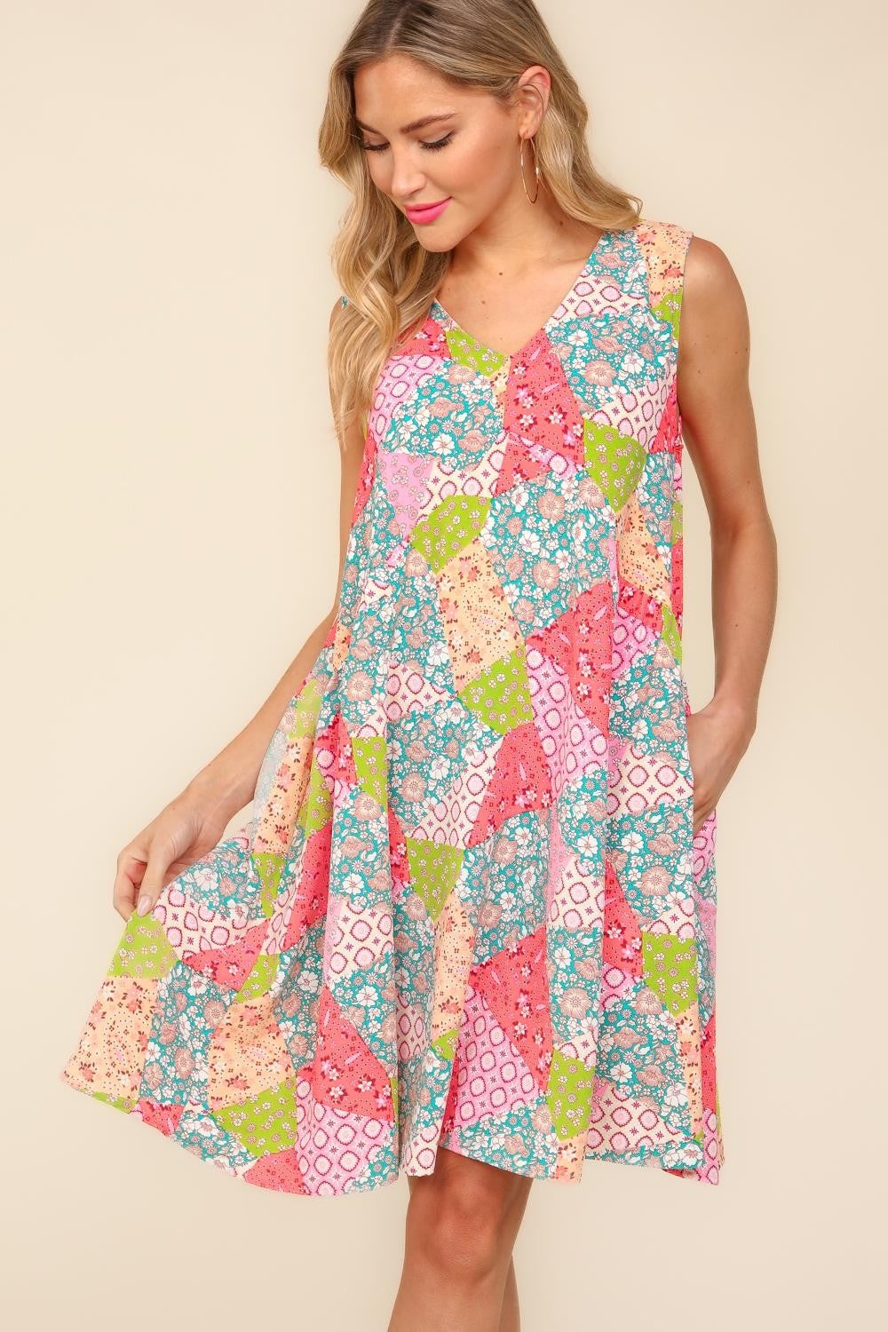 Full Size Babydoll Floral Patchwork Dress with Side Pockets