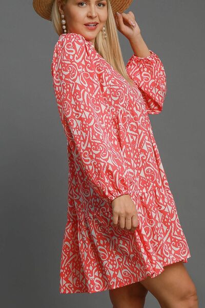 Full Size Two Tone Print Balloon Sleeve Tiered Dress Plus Size