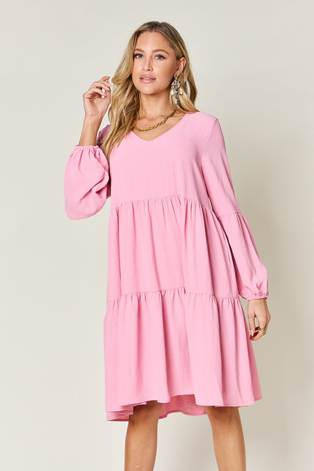 Full Size V-Neck Balloon Sleeve Tiered Dress