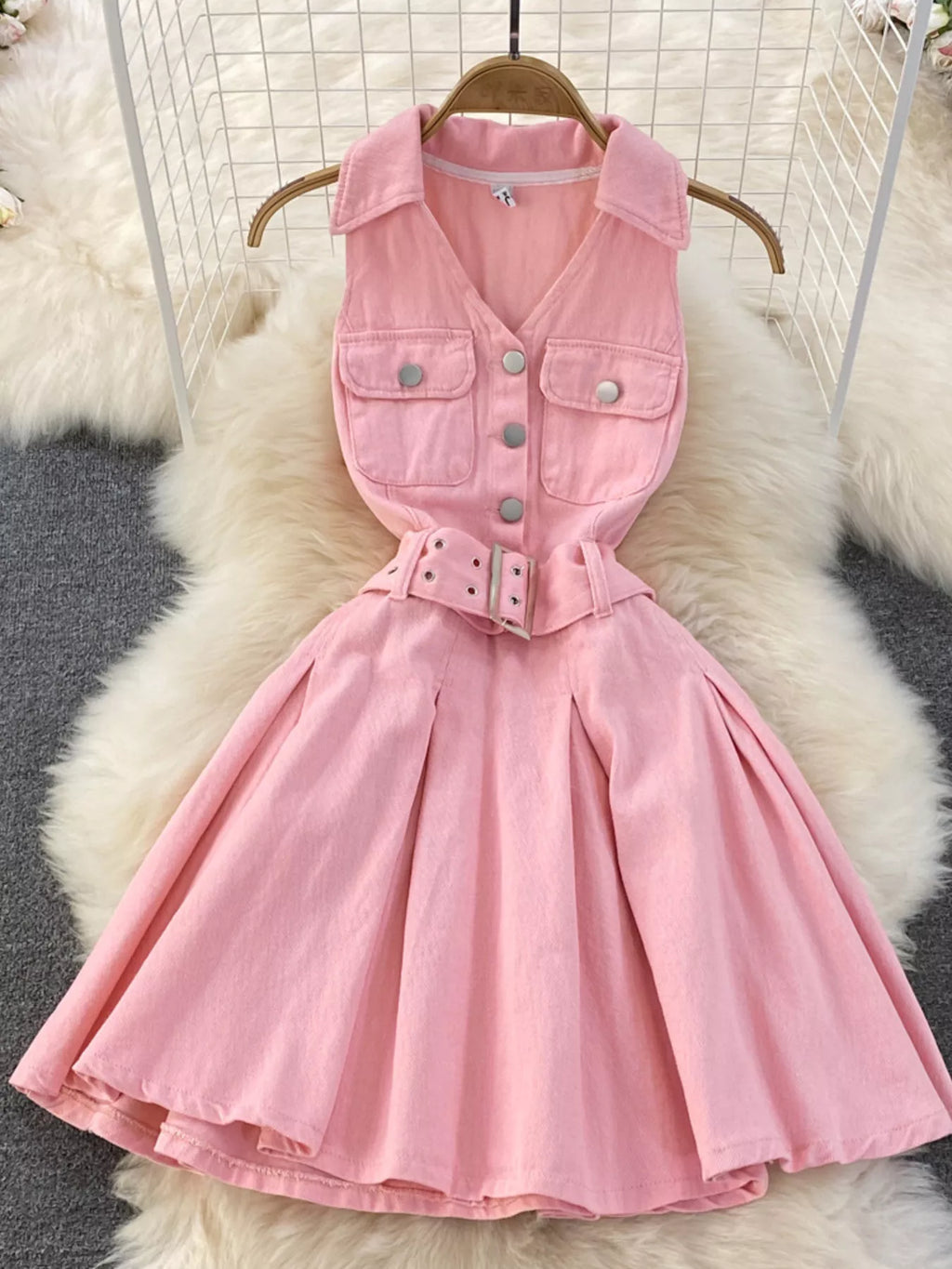 Sleeveless Belted Denim Dress
