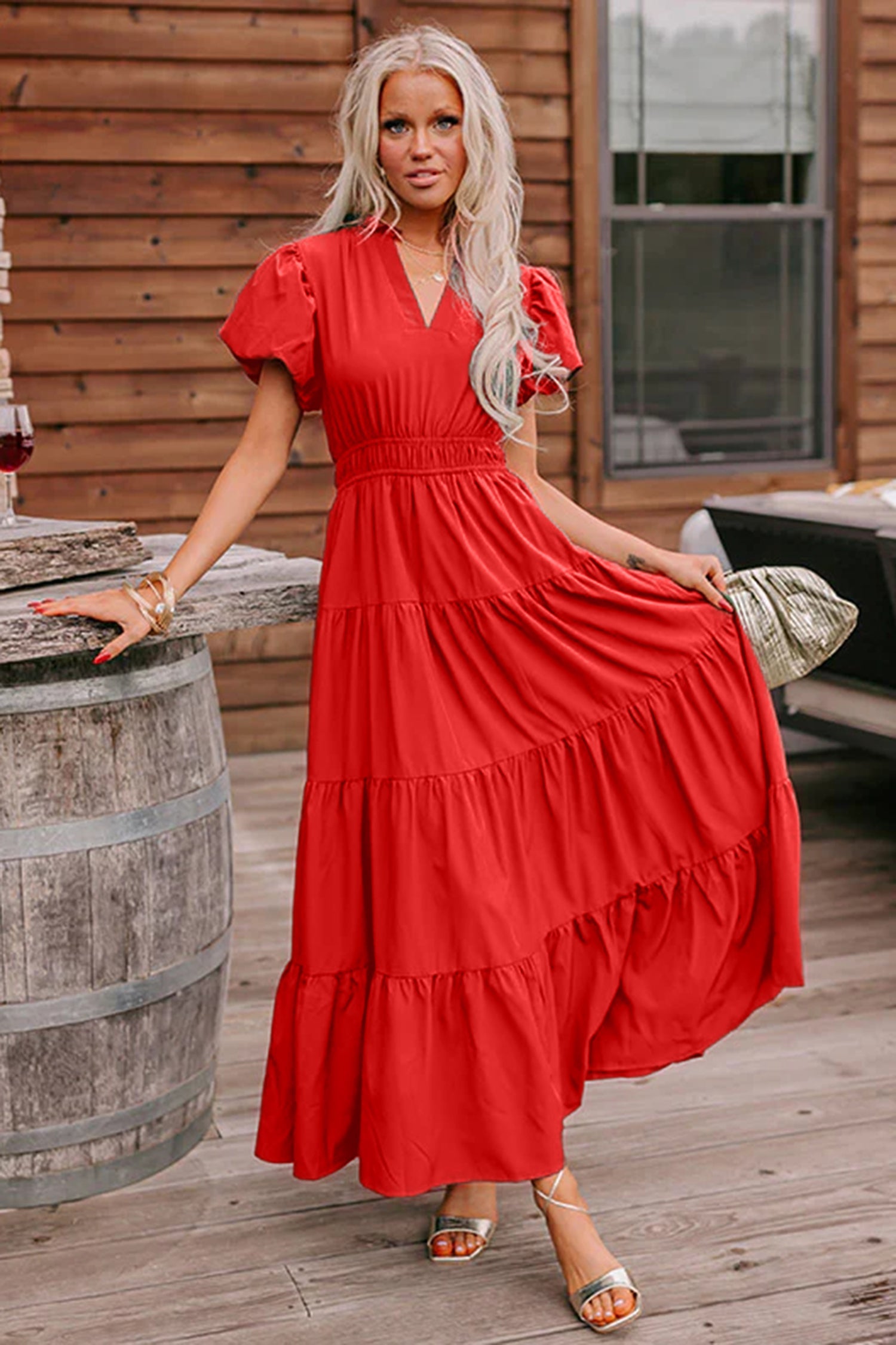 Lavendula Solid Color V Neck Short Puff Sleeve High Waist Tiered Maxi Dress
