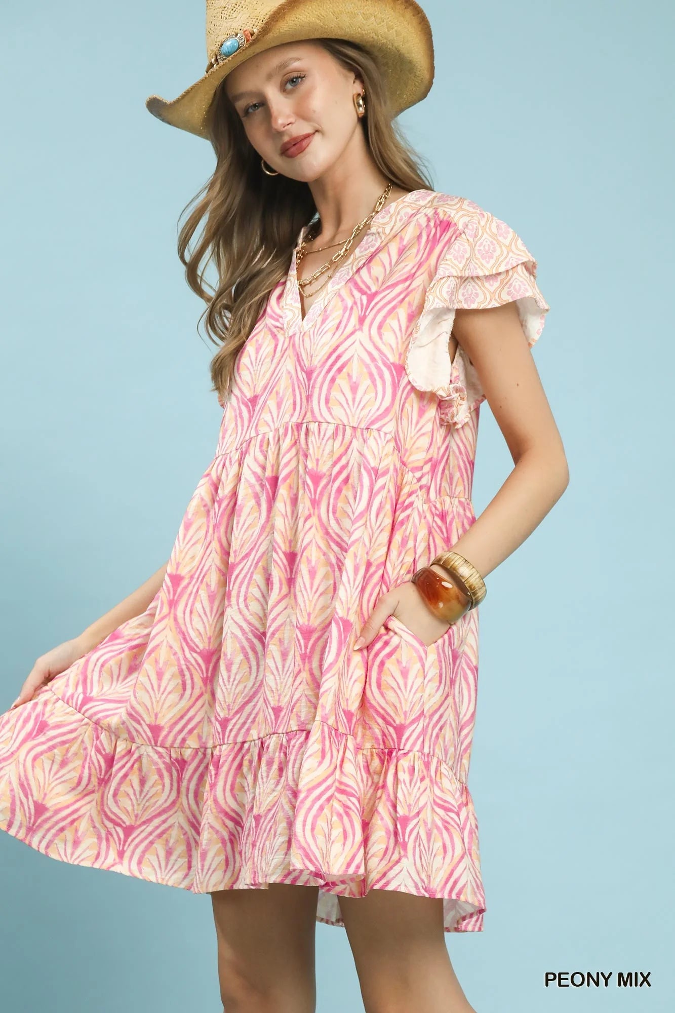 Mix Printed Flutter Sleeve Dress
