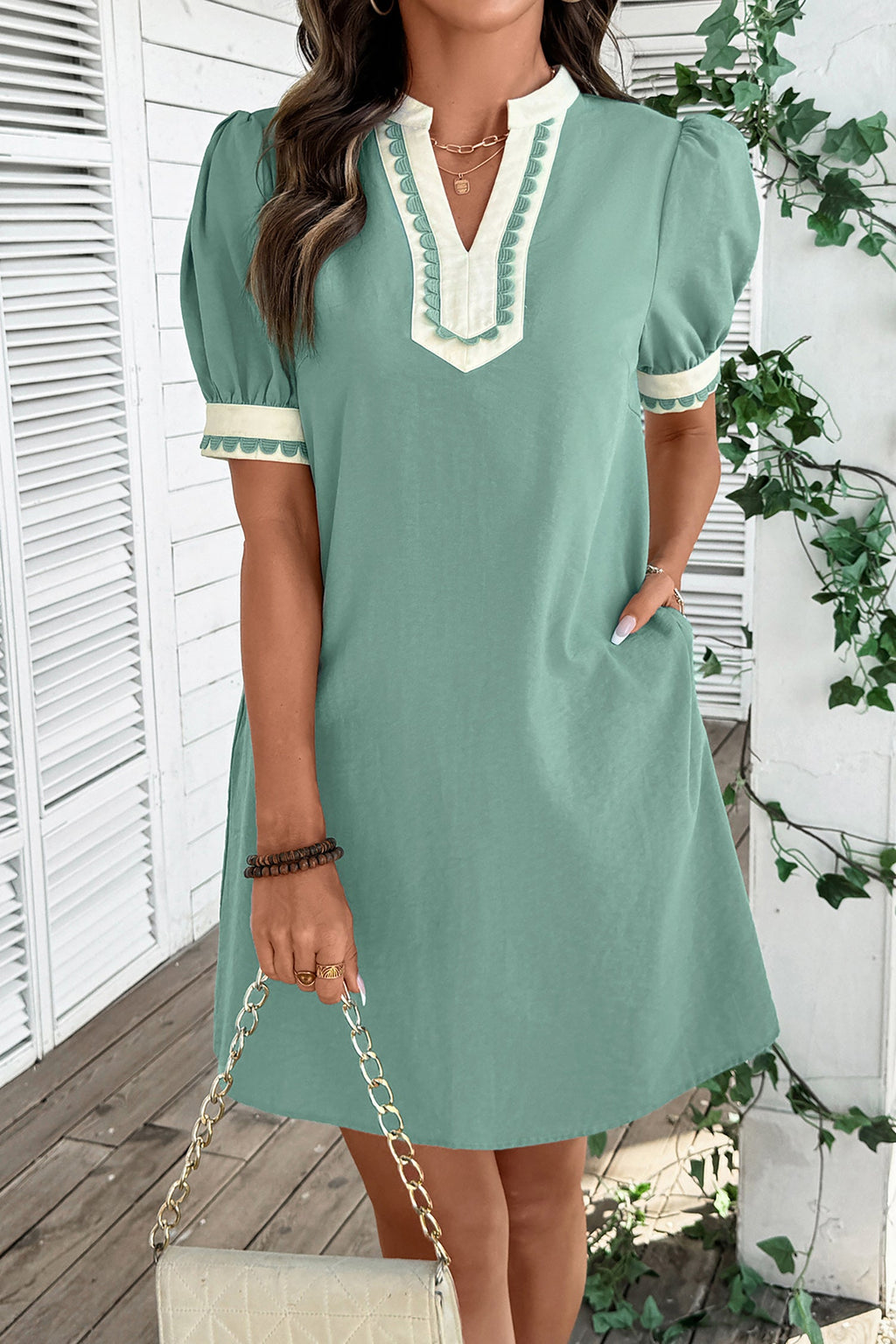 Light Pink Scallop Color Block Trim Puff Sleeve Mini Dress