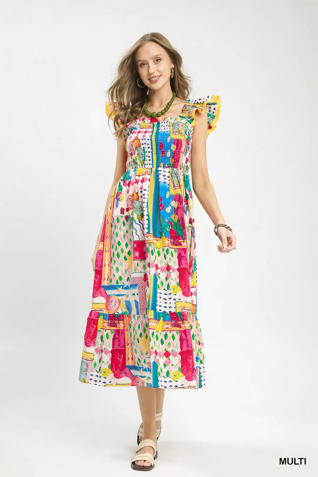 Abstract Print Smocked Ruffle Sleeve Tiered Midi Dress