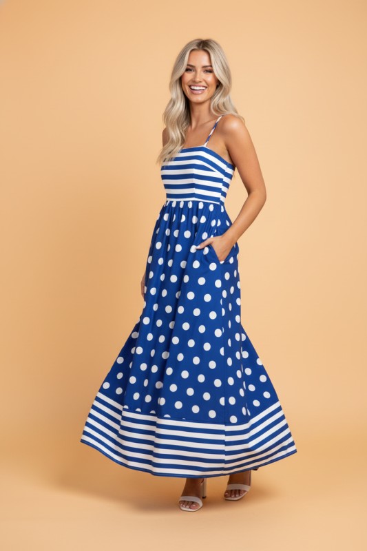 Stripe Polka Dot Patchwork High Waist Maxi Dress
