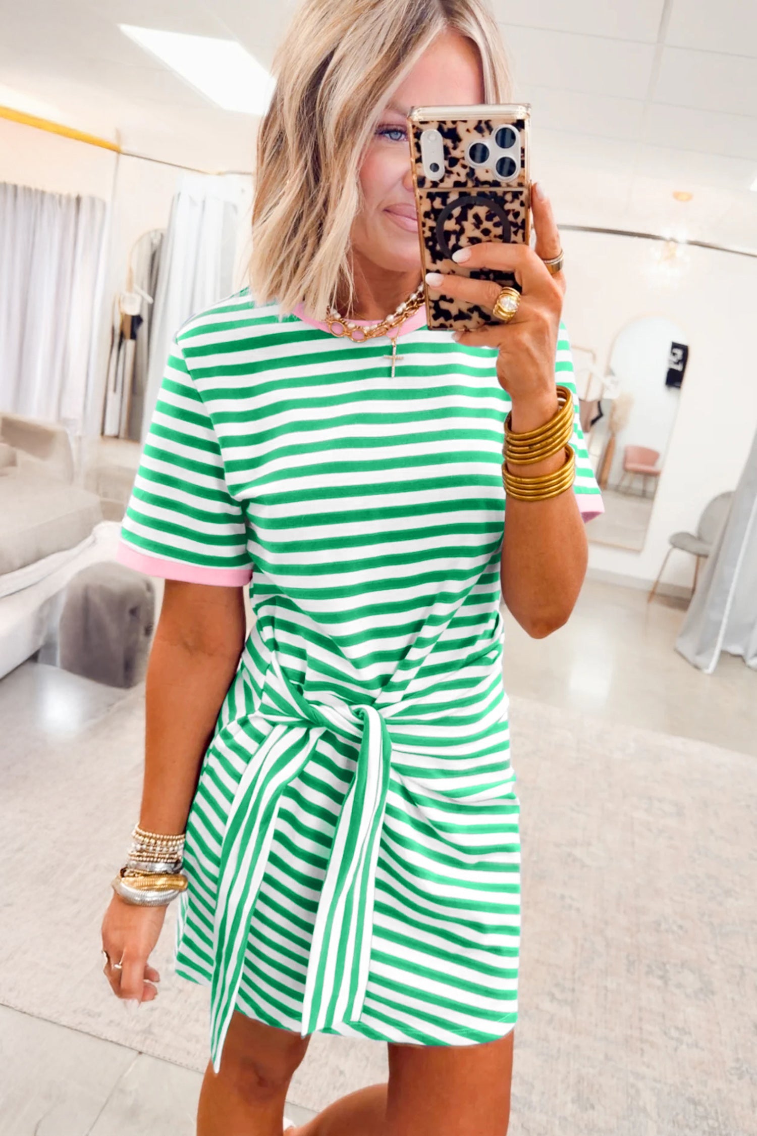 Sky Blue Stripe Nautical Tie Contrast Trim Round Neck T Shirt Mini Dress
