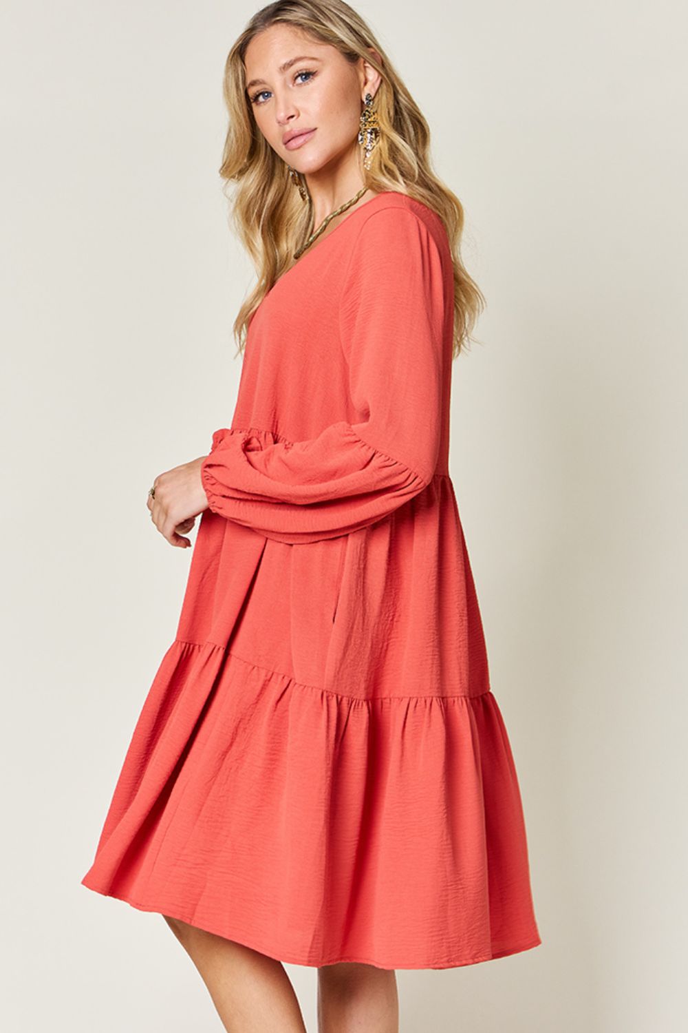Full Size V-Neck Balloon Sleeve Tiered Dress