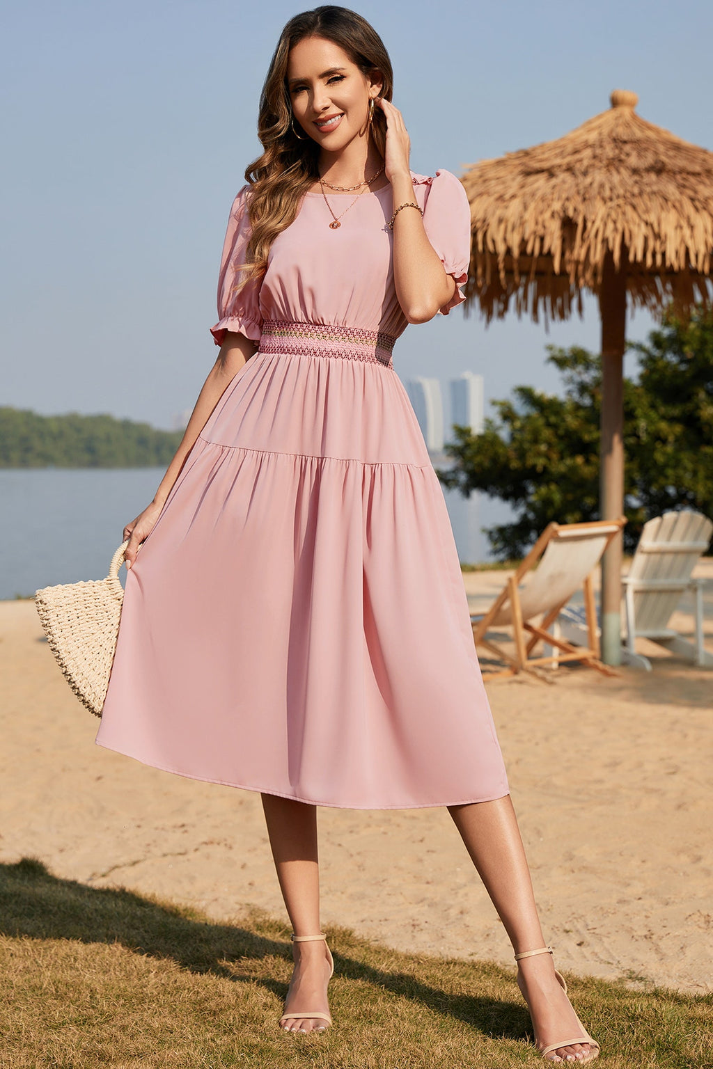 Apricot Contrast Shirred Elastic Waist Short Sleeve Midi Dress