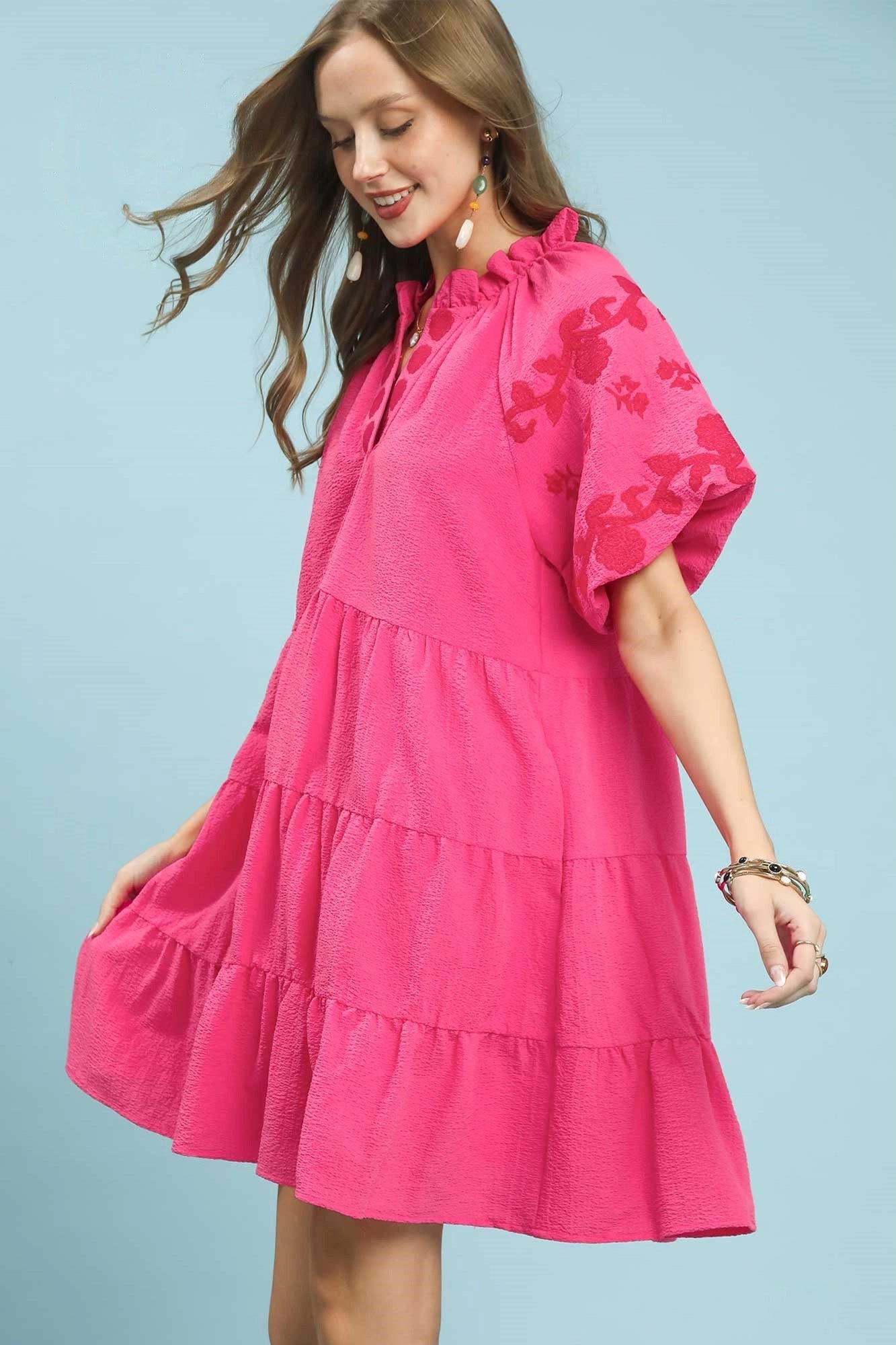 Embroidered Tiered Puff Sleeve Mini Dress