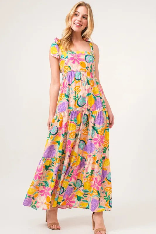 Shoulder Strap Tropical Fruit Printed Tiered Maxi Dress