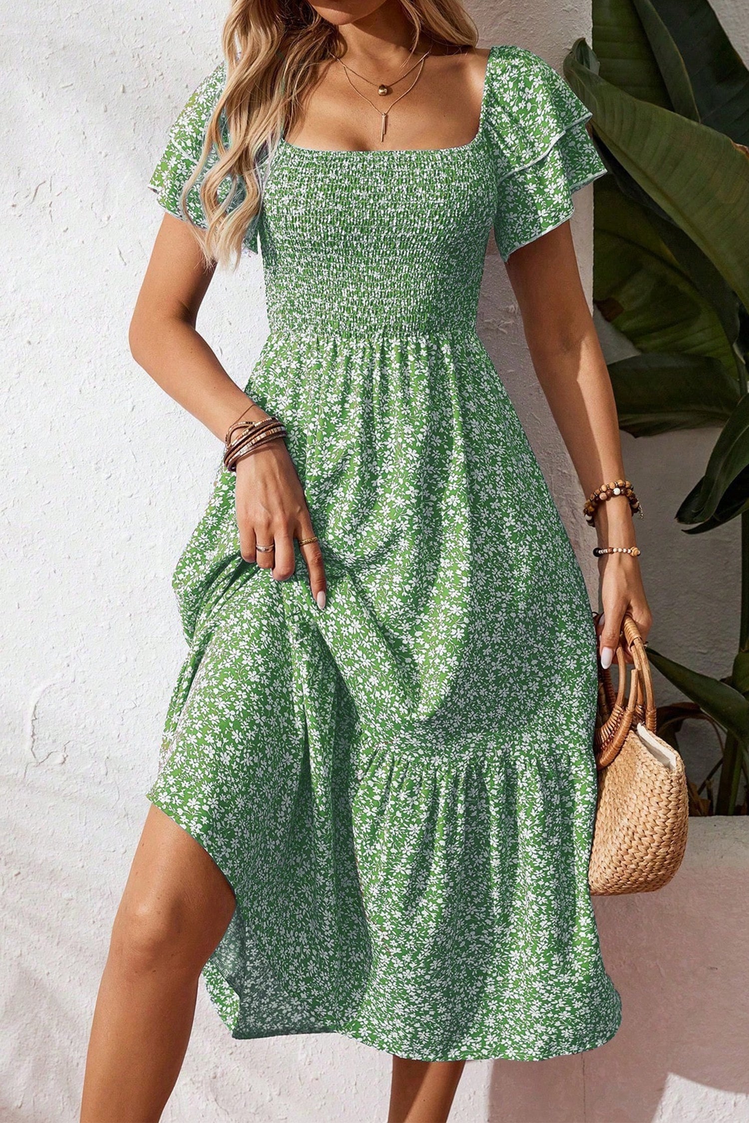 Ditsy Floral Smocked Square Neck Dress