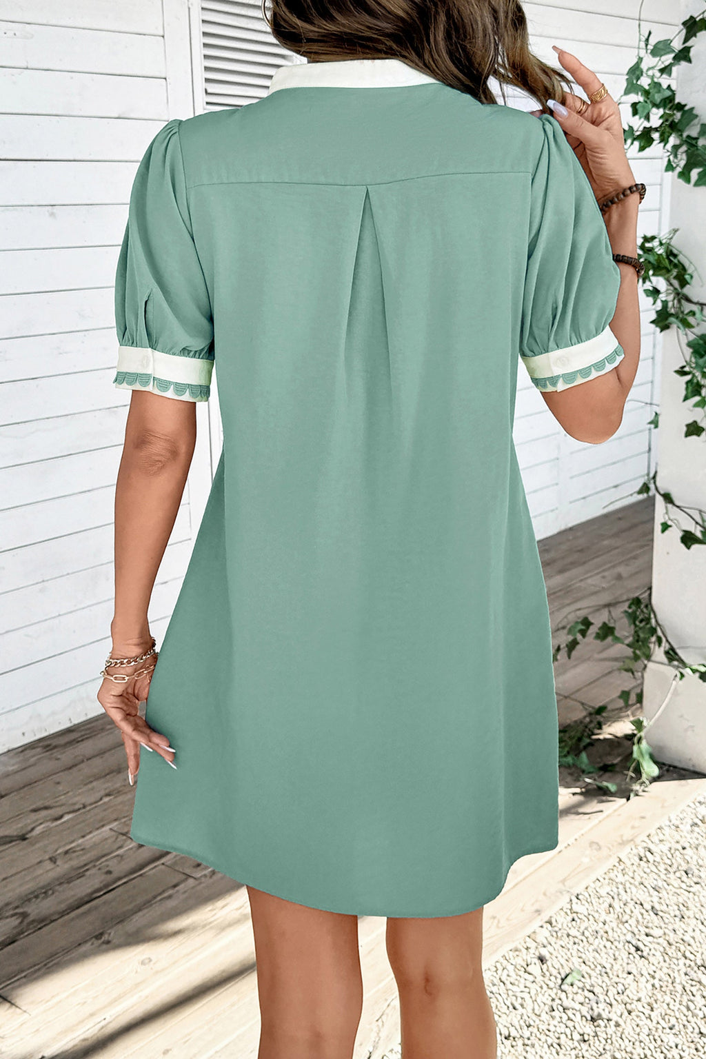 Light Pink Scallop Color Block Trim Puff Sleeve Mini Dress