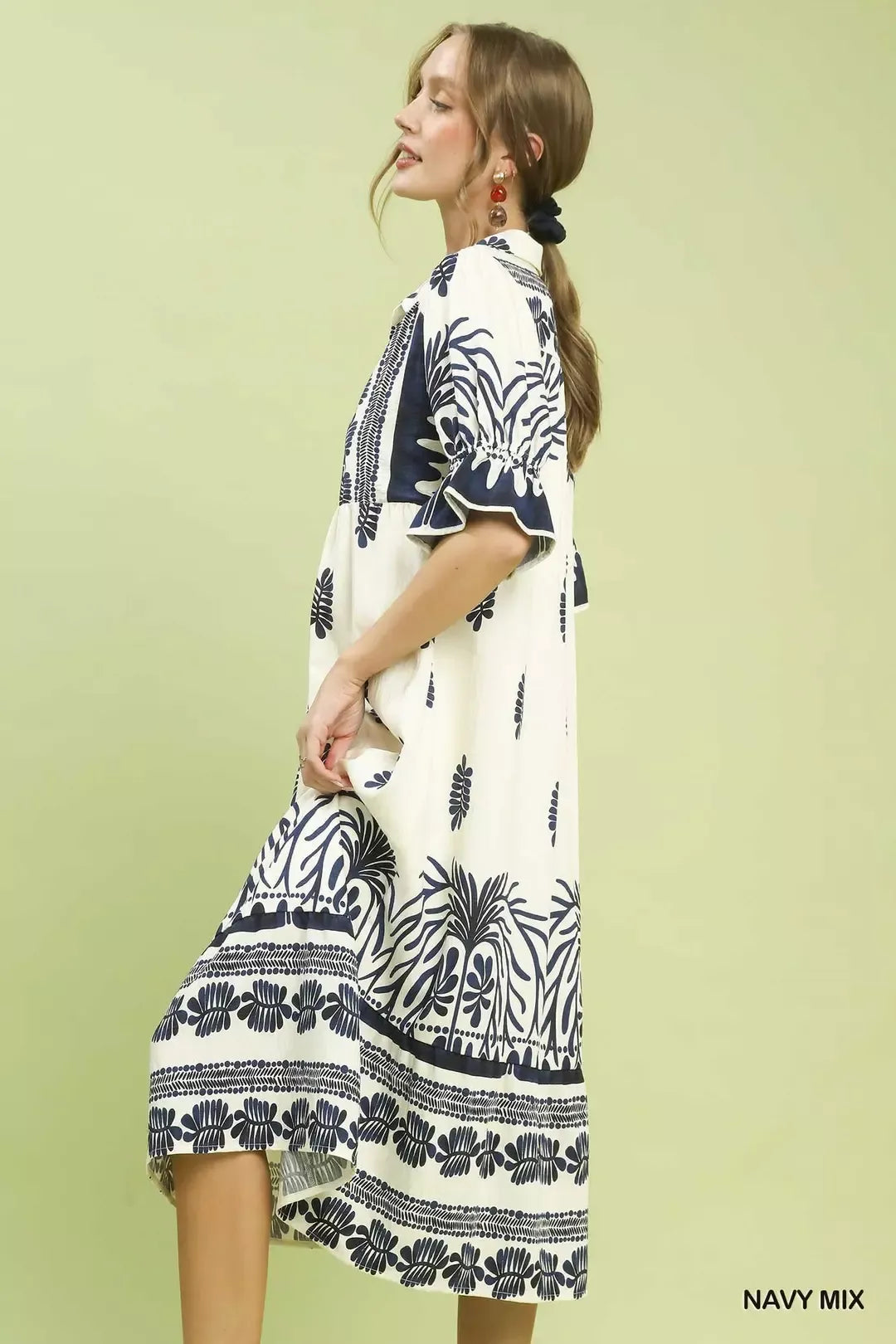 Border Print Midi Dress with Puff Sleeves