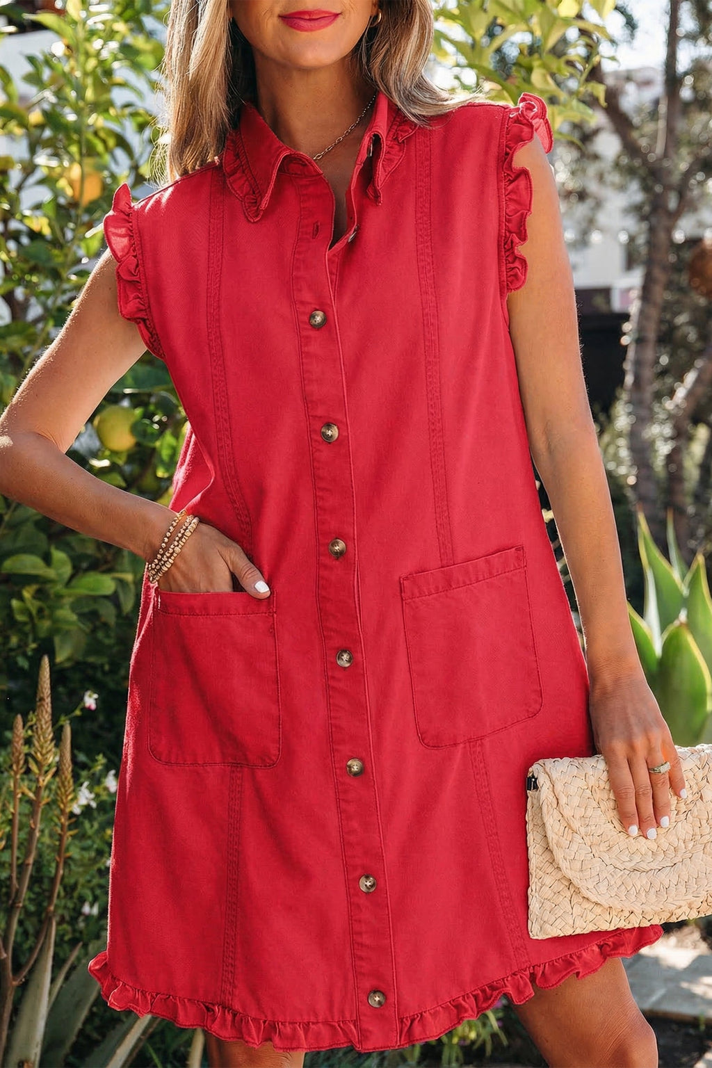 Sail Blue Ruffled Edge Collared Shift Denim Dress with Pockets
