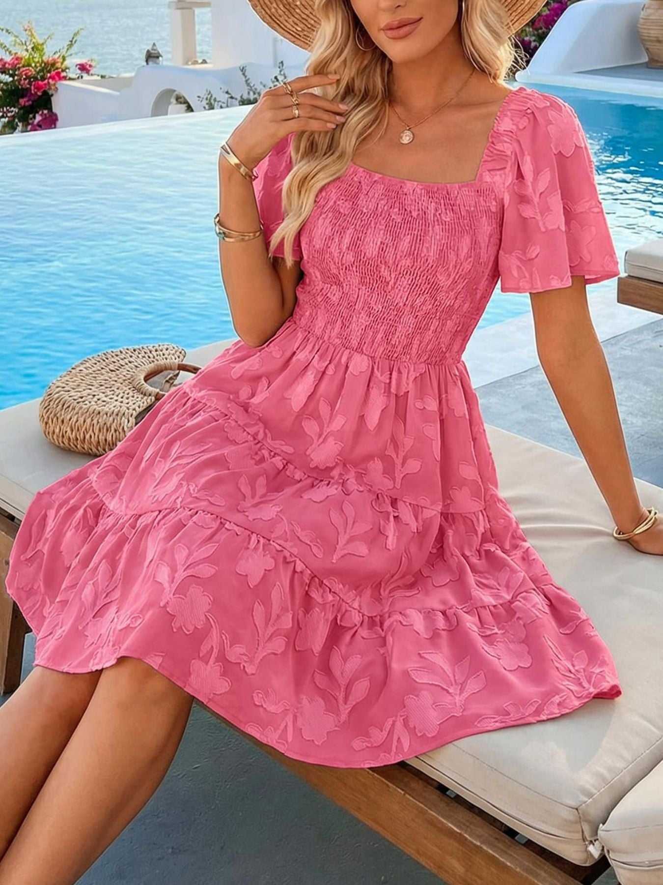 Tiered Square Neck Short Sleeve Dress