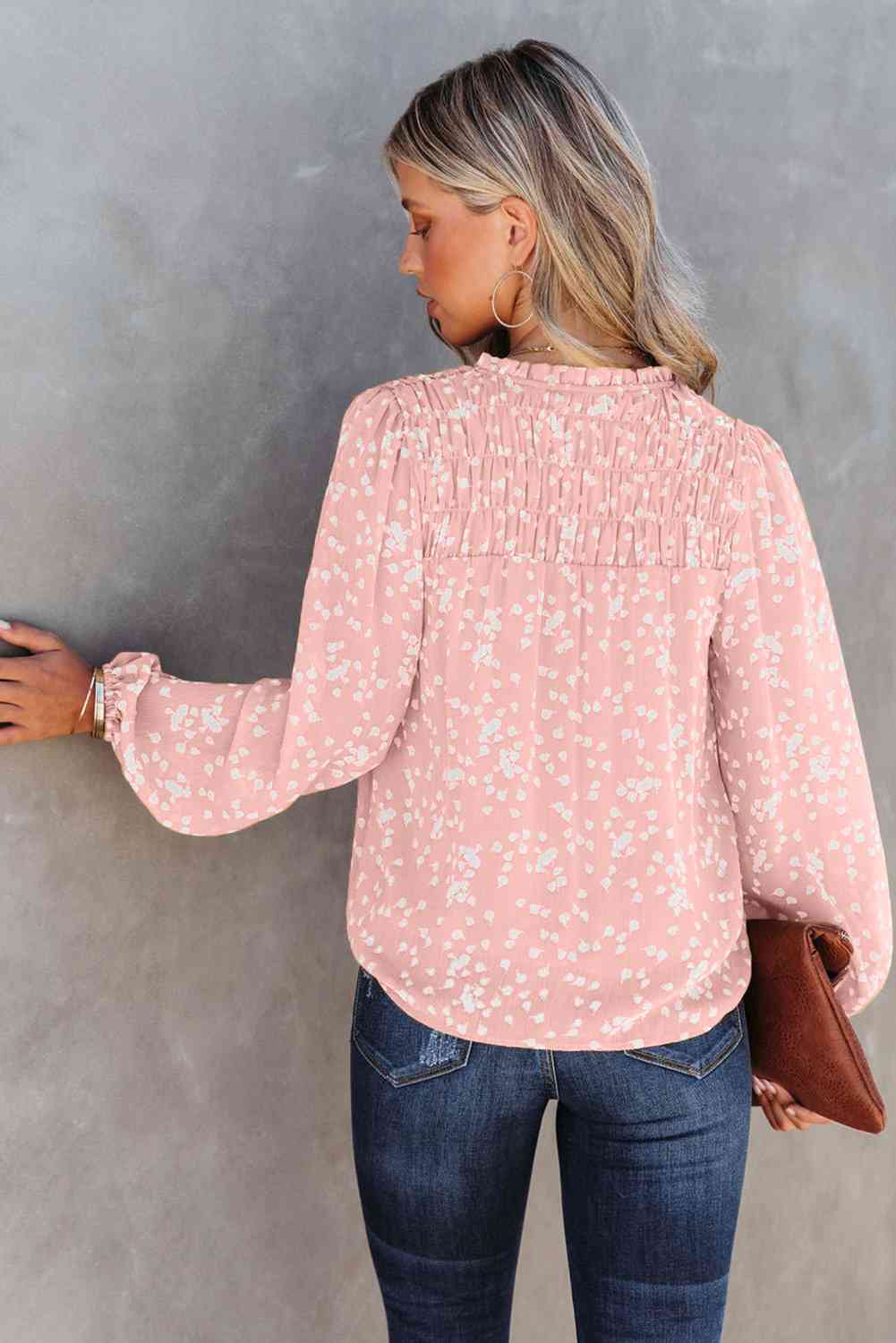 Printed Notched Neck Smocked Blouse