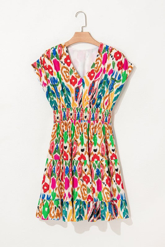 Abstract V-Neck Dolman Sleeve Ruffle Mini Dress