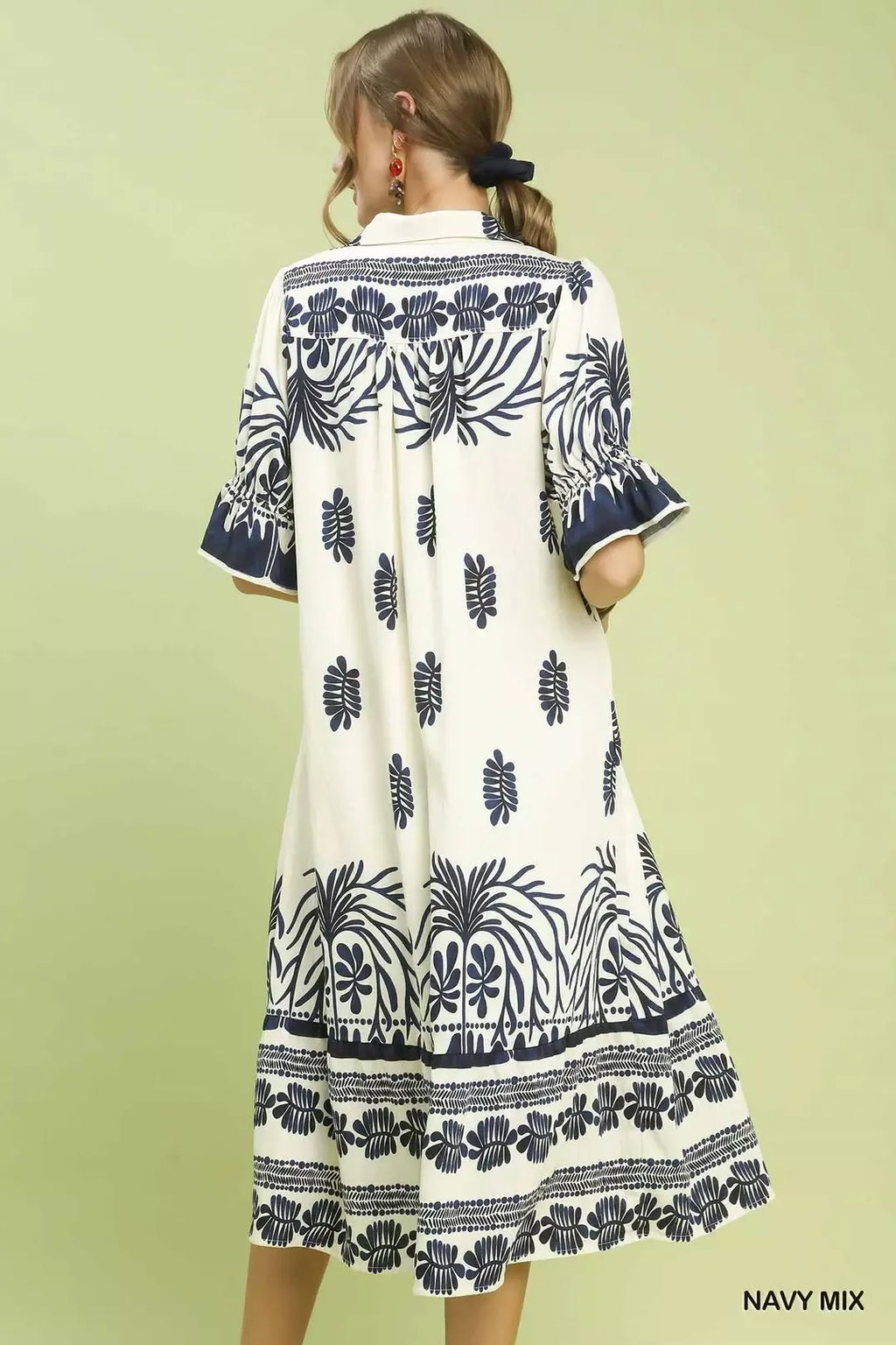 Border Print Midi Dress with Puff Sleeves