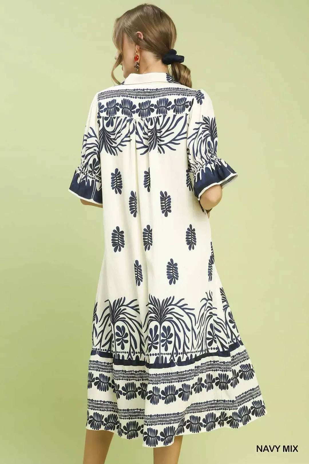 Border Print Midi Dress with Puff Sleeves