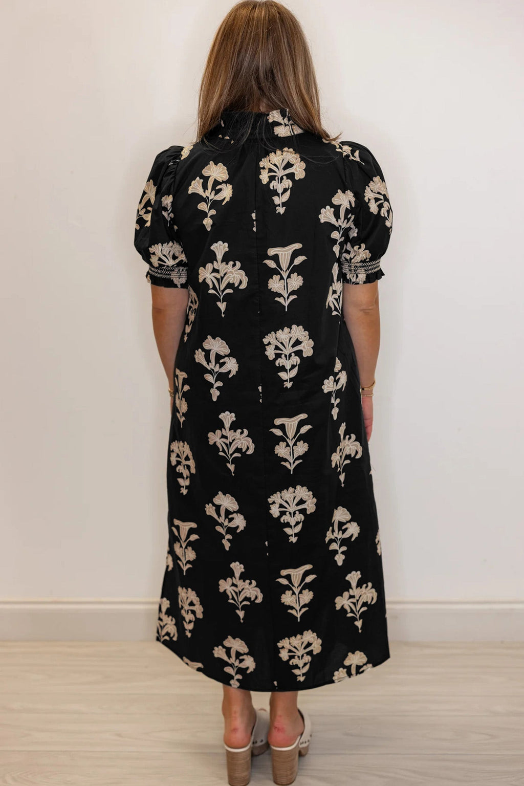 Floral Frilled Collar Puff Sleeve Maxi Dress