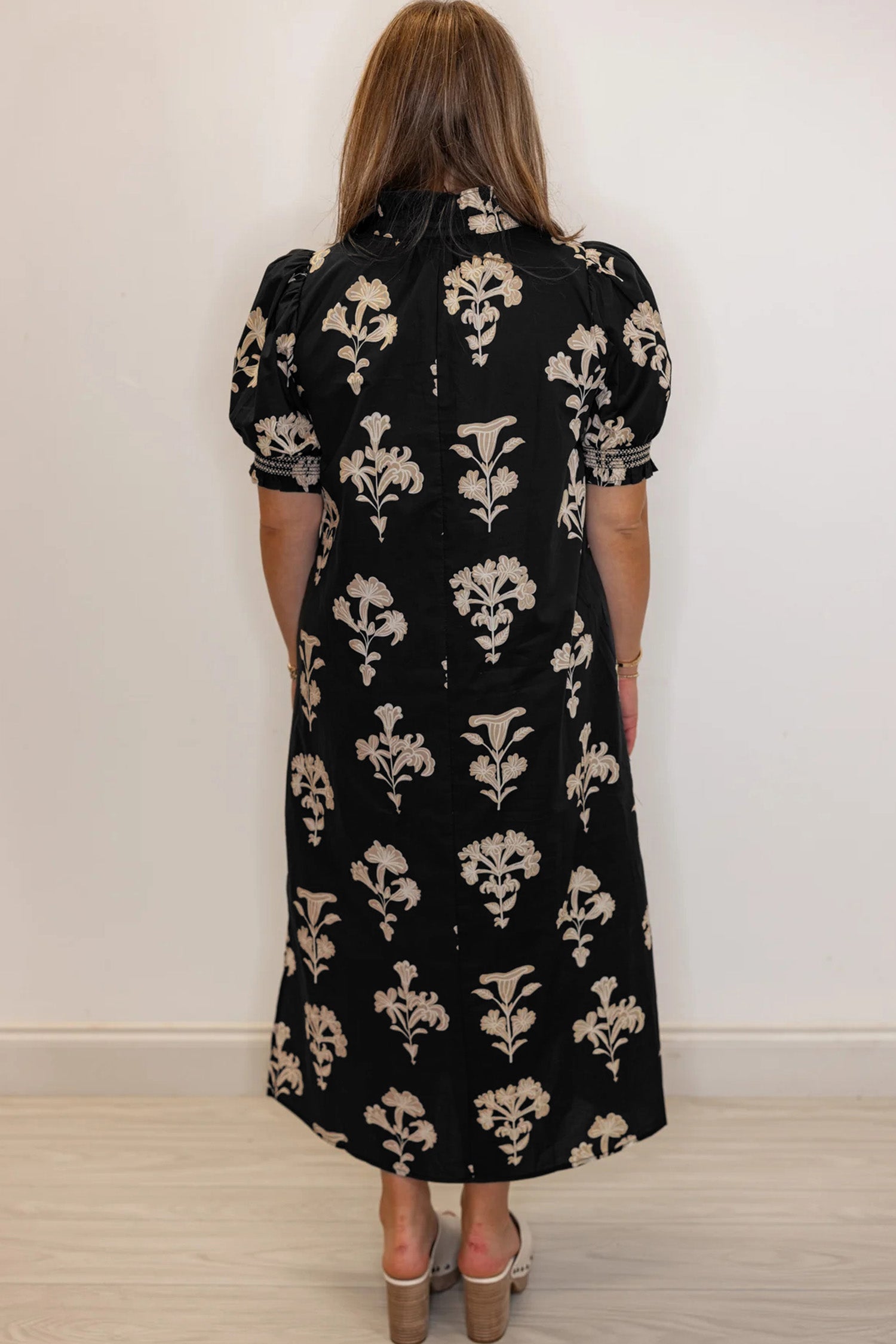 Floral Frilled Collar Puff Sleeve Maxi Dress