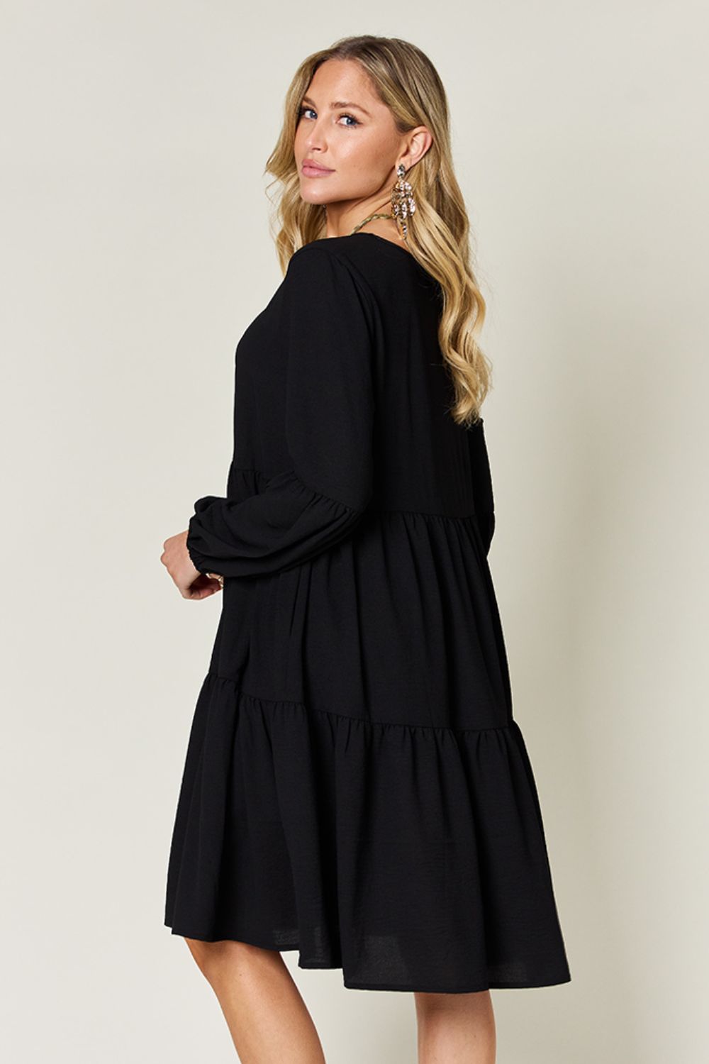 Full Size V-Neck Balloon Sleeve Tiered Dress