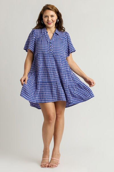 Full Size Gingham Tiered Button Detail Short Sleeve Dress Plus Size