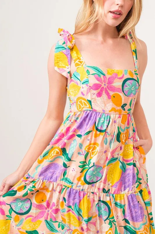 Shoulder Strap Tropical Fruit Printed Tiered Maxi Dress