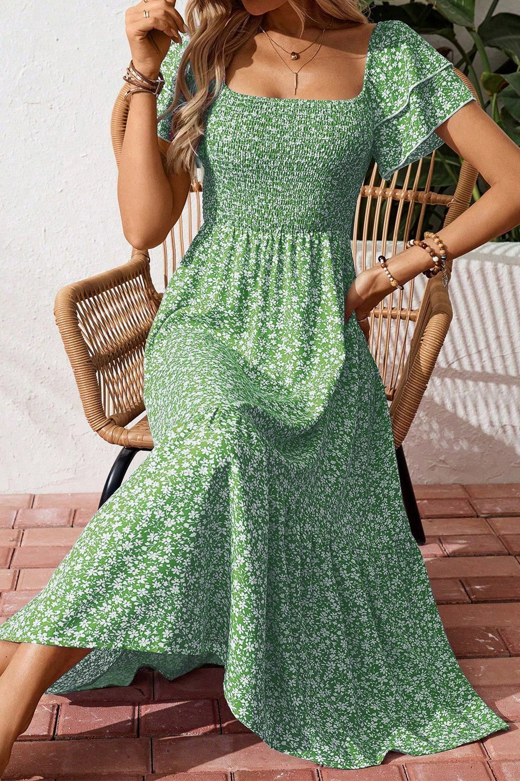 Ditsy Floral Smocked Square Neck Dress