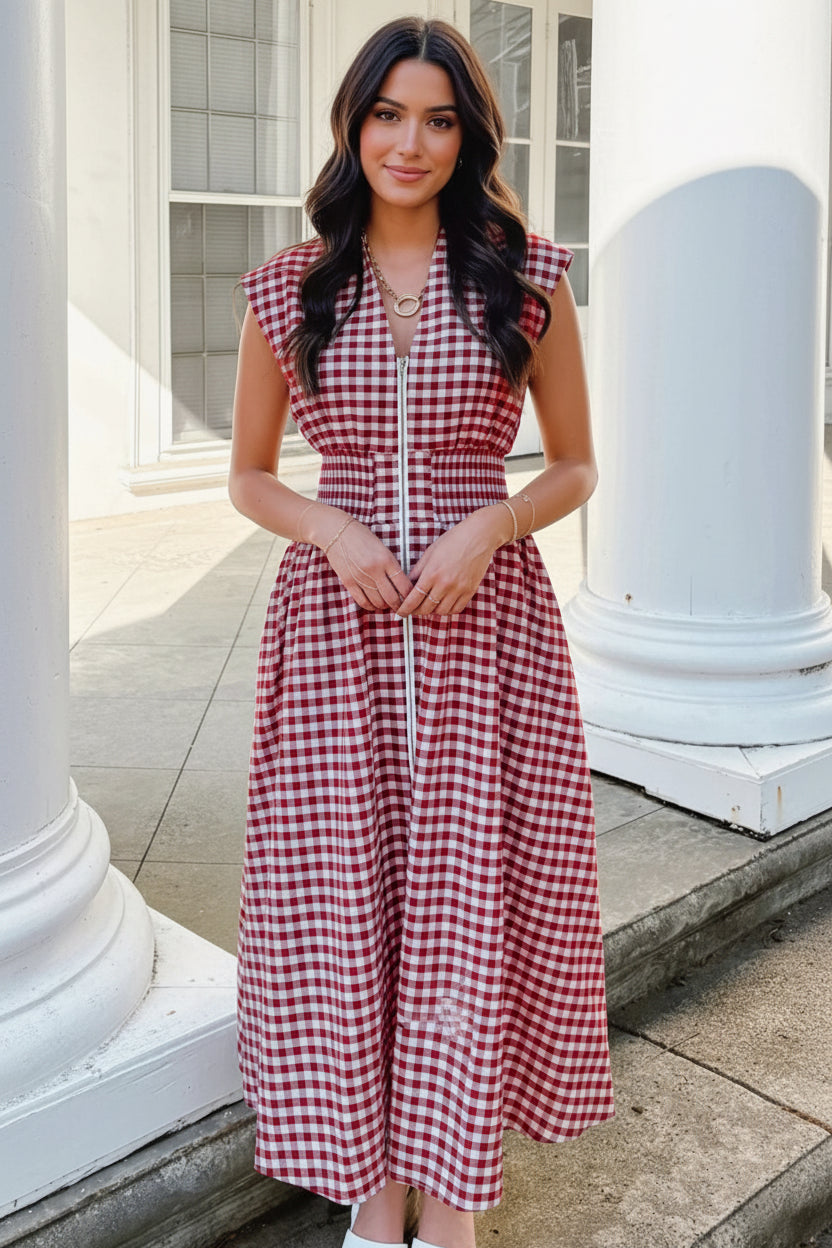 Gingham Zip-Front Midi Dress