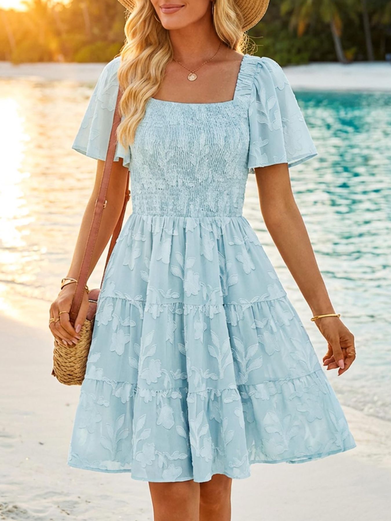Tiered Square Neck Short Sleeve Dress